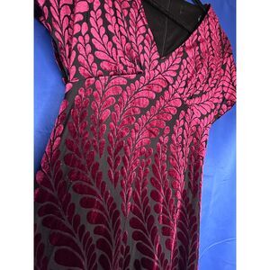 Women's Magenta Velvet Burnout V-Neck Empire Midi Dress Valentines Regency Sheer